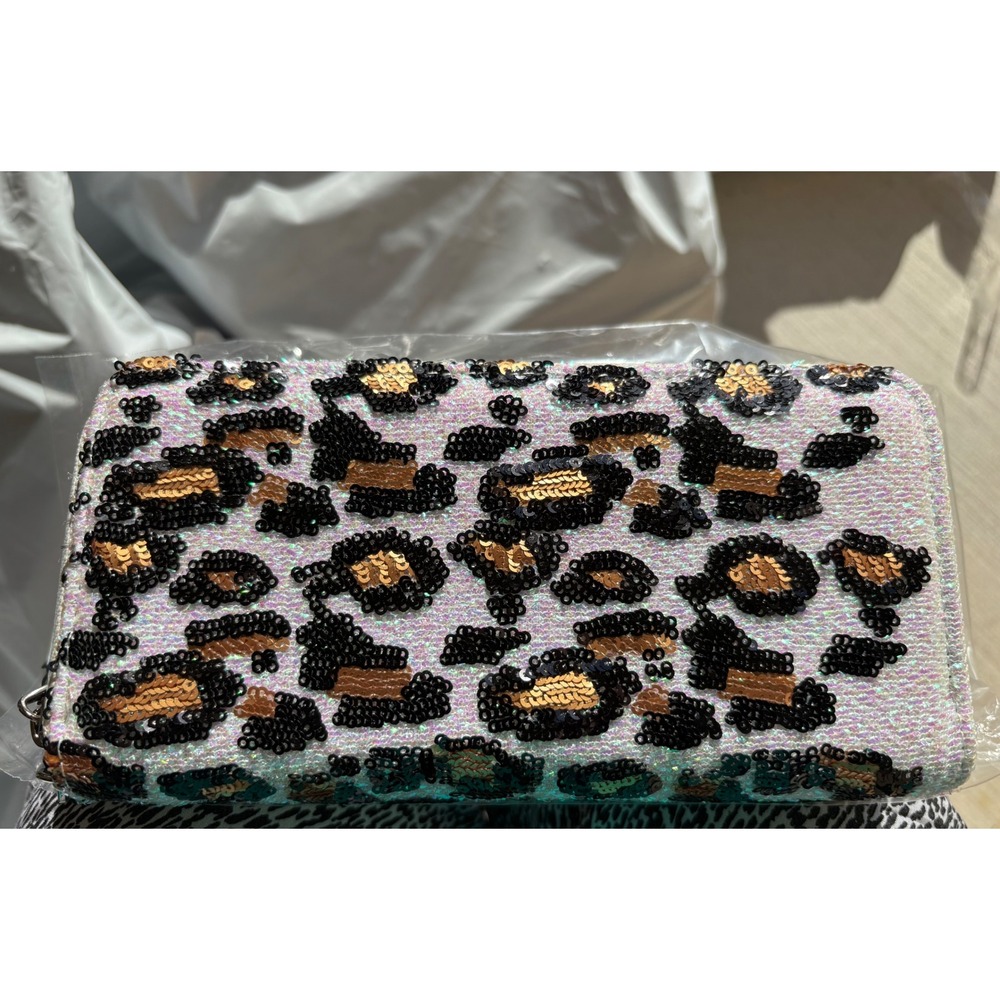 Brentano White Leopard Sequin Double‎ Zip Wallet Clutch NWT